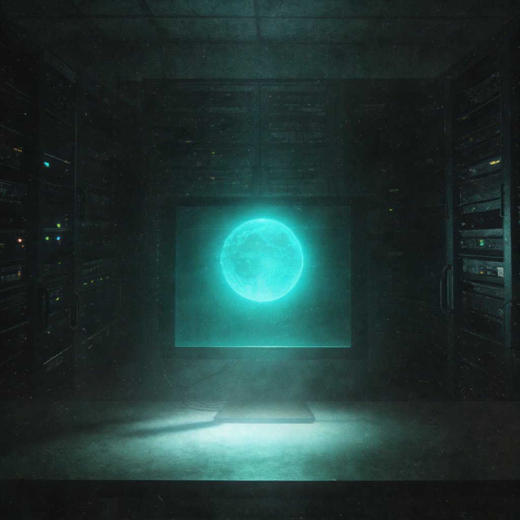 Illustration of a dim server room with a single terminal glowing with a plain audio waveform line