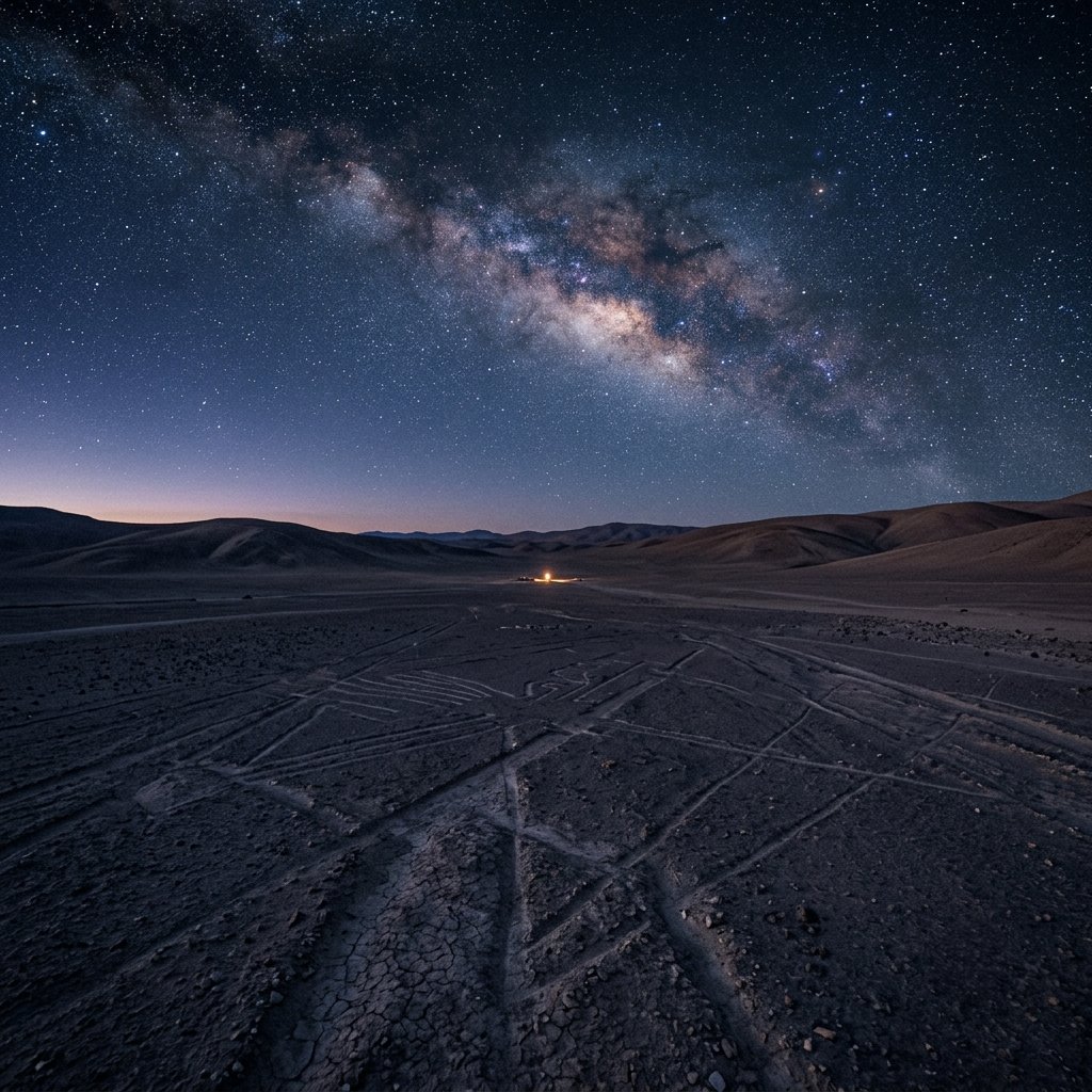 Illustration of a vast desert with faint geometric ground lines under a starry sky and a distant light, no people