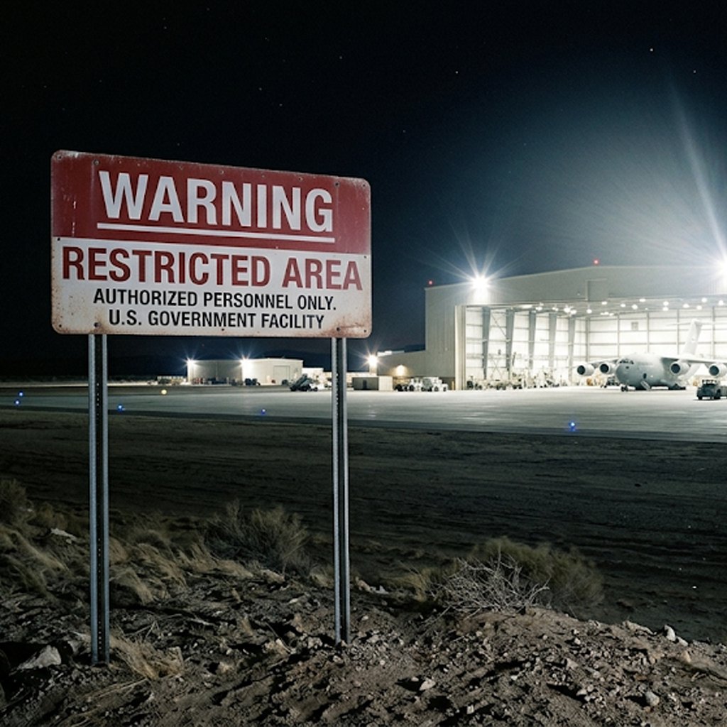 Illustration of a floodlit desert hangar under a dark sky with a warning sign in the foreground, no people