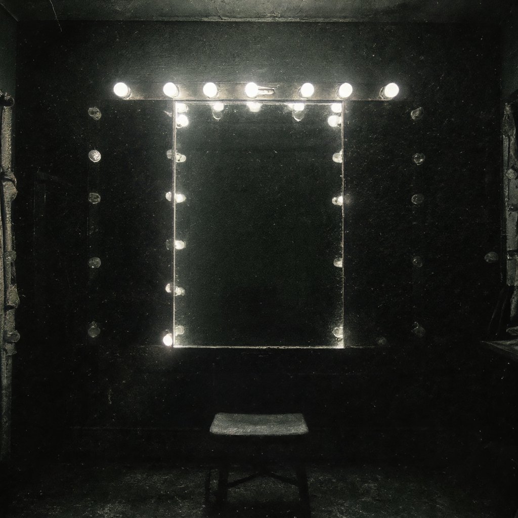 Illustration of a lit vanity mirror in a dim dressing room reflecting only empty space, deserted, no people