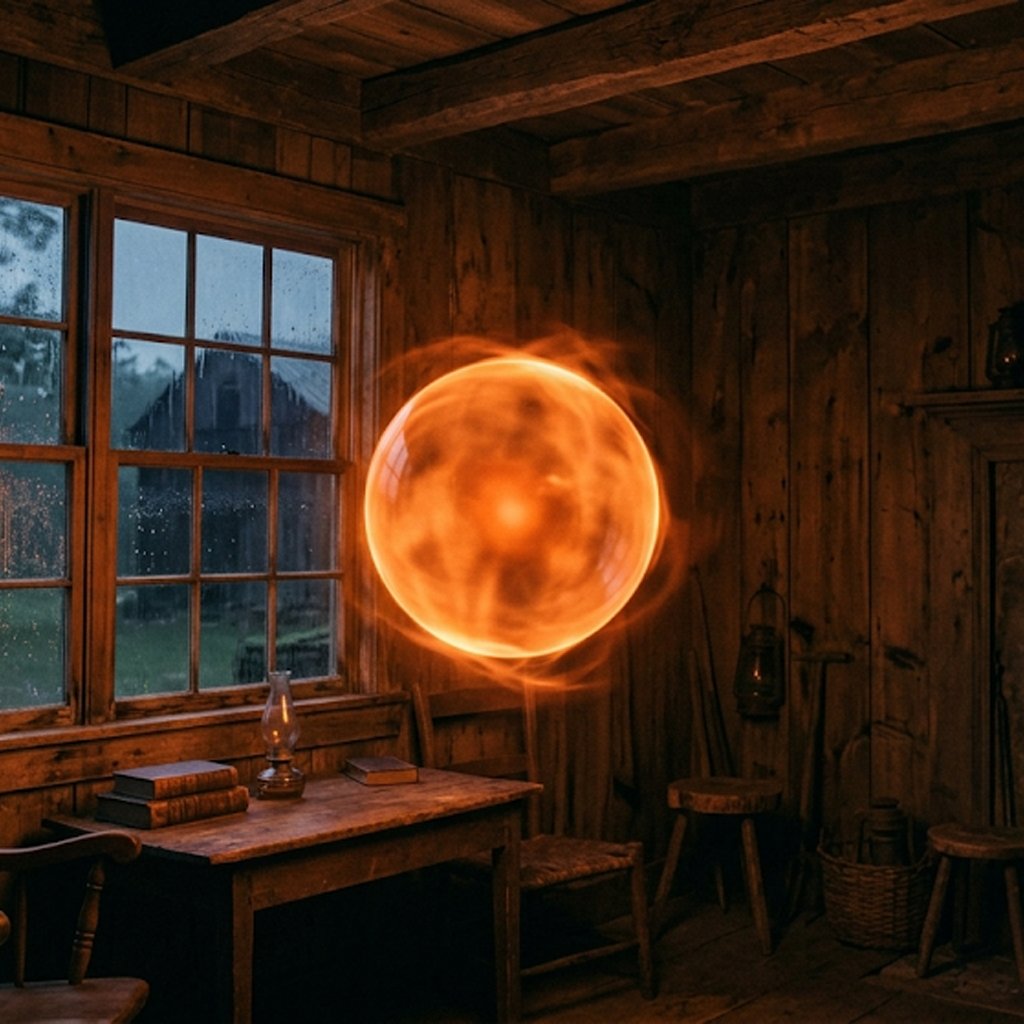 Illustration of a glowing orange sphere hovering in a dark farmhouse room during a storm, no people