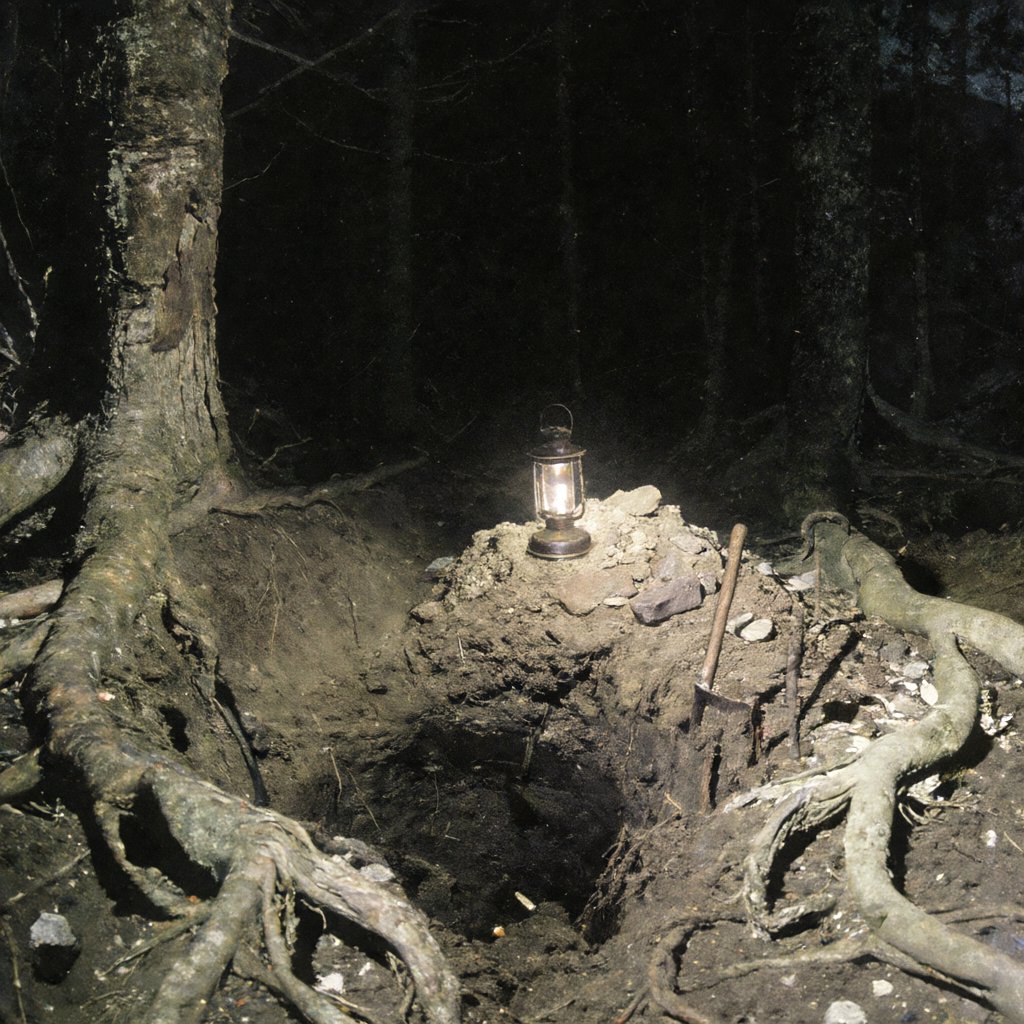 Illustration of a freshly dug pit between tree roots in a dark forest, lit by an oil lantern on the mound of earth beside a shovel
