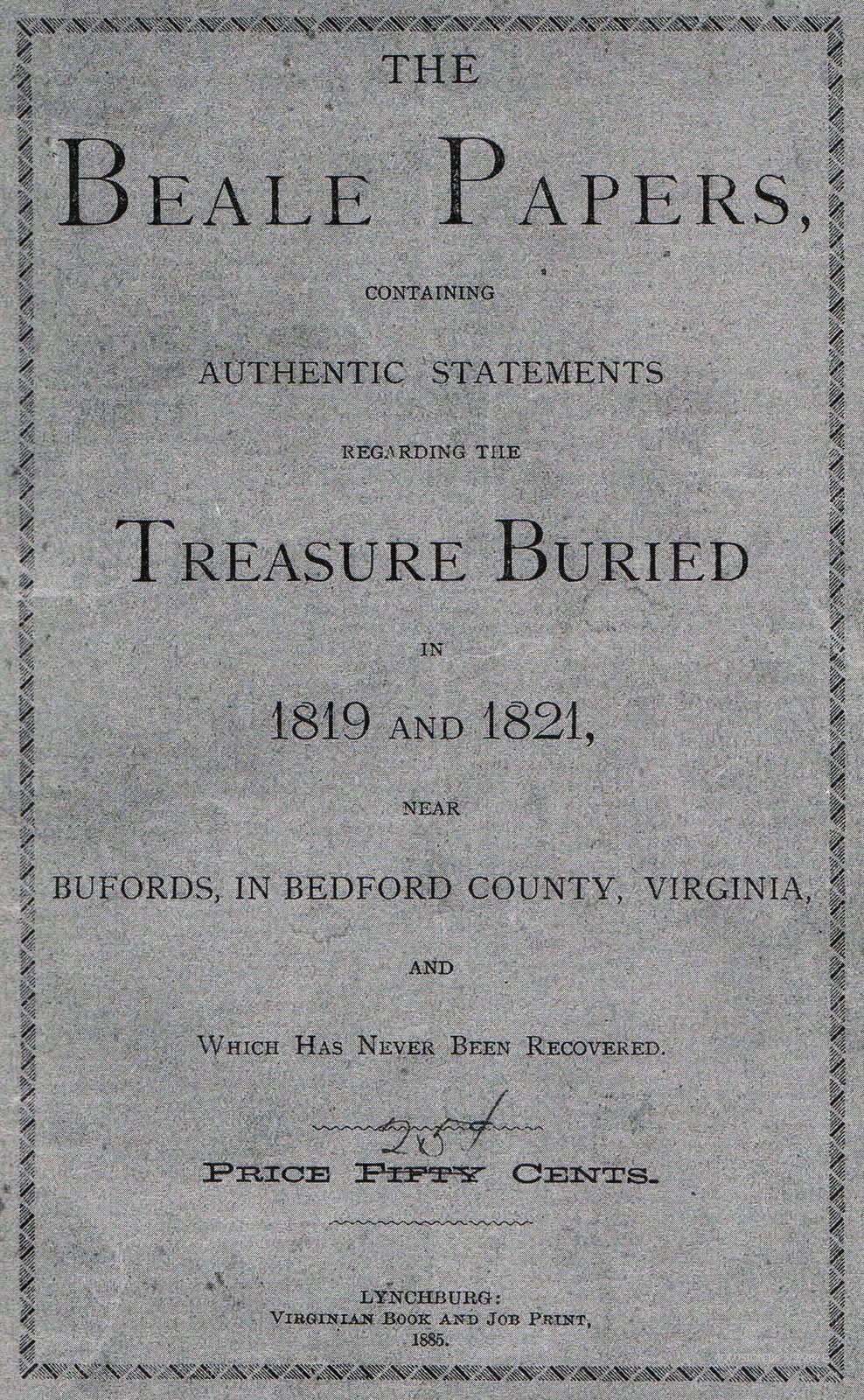 Cover of the 1885 pamphlet The Beale Papers, printed in Lynchburg, Virginia