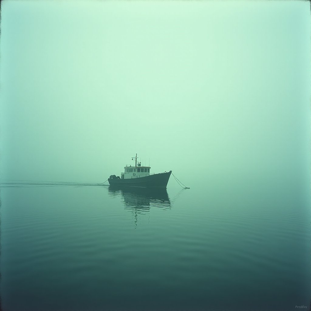 Illustration of a small boat alone on a calm sea inside a strange low fog bank under a dim sky