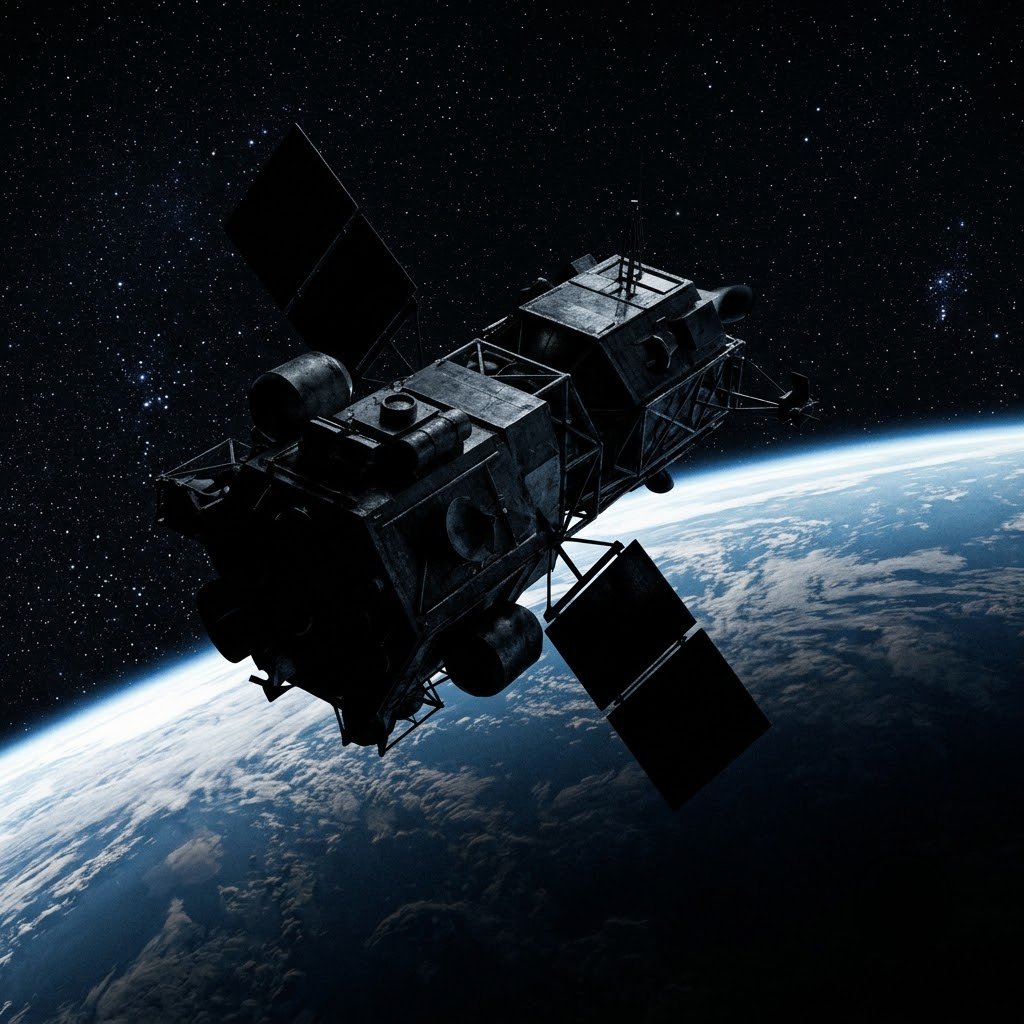 Illustration of a dark angular satellite silhouetted against Earth's curve and the black of space