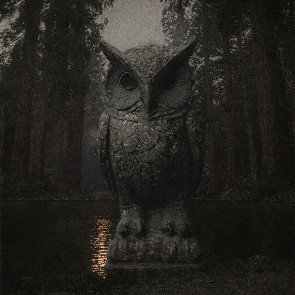Illustration of a huge stone owl statue at the edge of a dark lake among redwood trees, firelight on the water, deserted, no people
