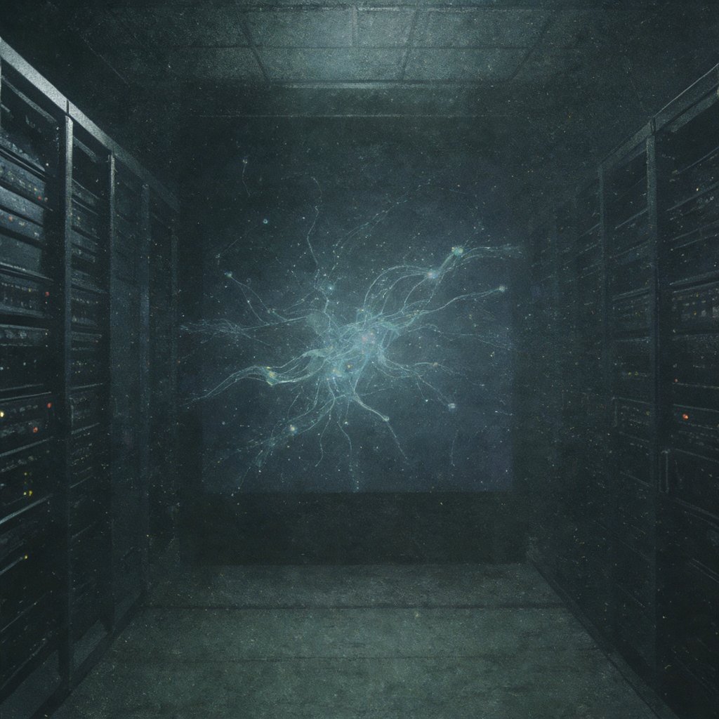 Illustration of a dim data center corridor with a glowing abstract network of flowing lines and pulsing nodes on a dark panel, no readable labels