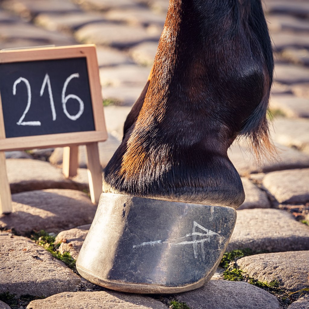 Illustration of a horse's hoof mid-tap on cobblestones beside a chalkboard of numbers, no people