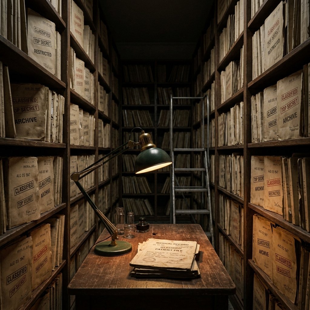 Illustration of a dim FBI records room with stamped classified folders and a single desk lamp, no people