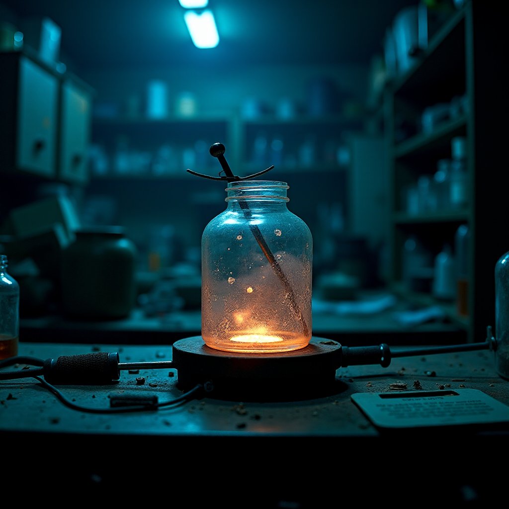 Illustration of a glowing electrolysis jar on a dark bench with faint blue light rising from the electrodes