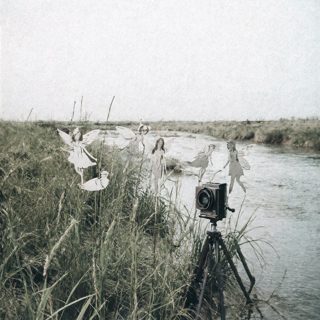Illustration of a shallow stream through long grass with paper cutout figures propped among the stems, deserted, no people