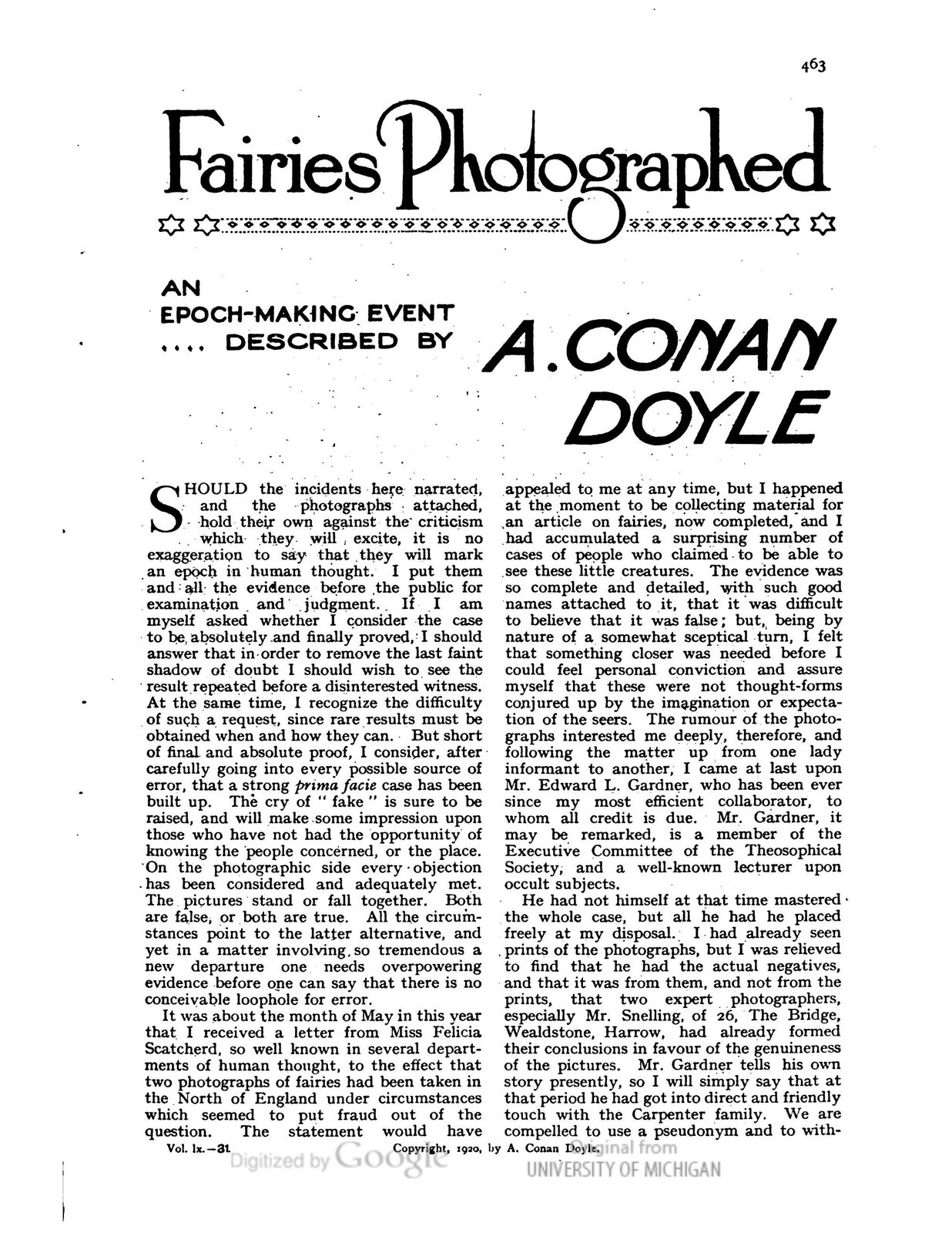 The page of the December 1920 Strand Magazine on which Arthur Conan Doyle published the Cottingley fairy photographs