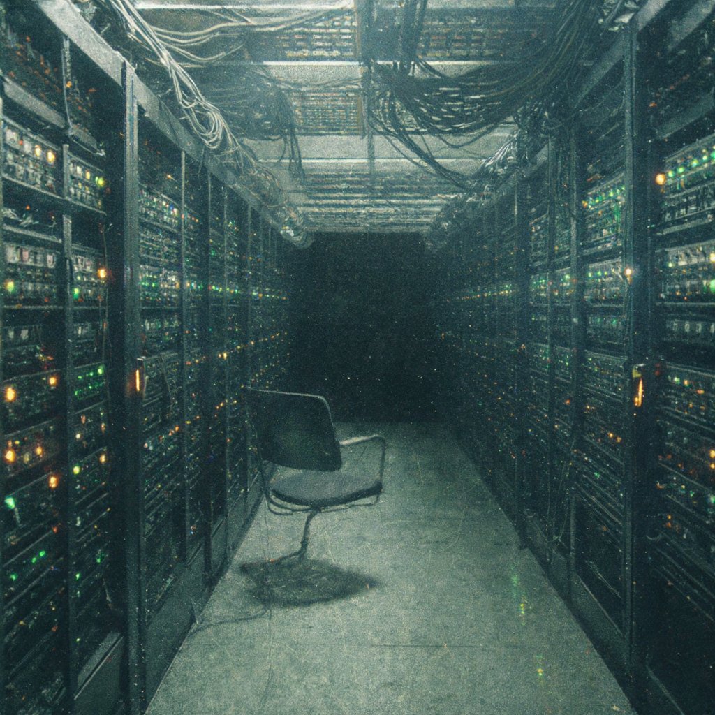 A long aisle of dark server cabinets lit only by rows of small amber indicator lights, an empty office chair turned toward them
