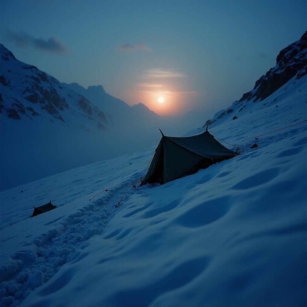 Illustration of a torn tent on a dark snow slope under a strange orange light in the sky
