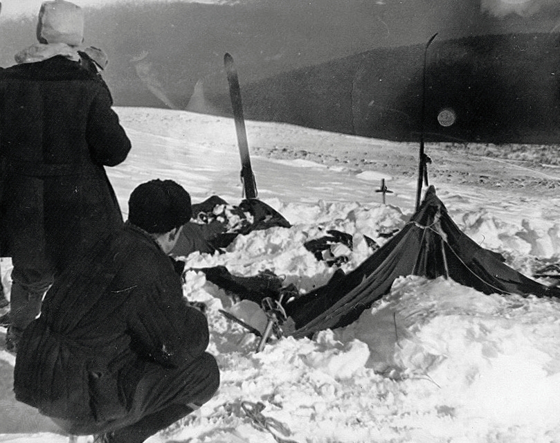 The Dyatlov group's tent on the slope of Kholat Syakhl, photographed by searchers in February 1959