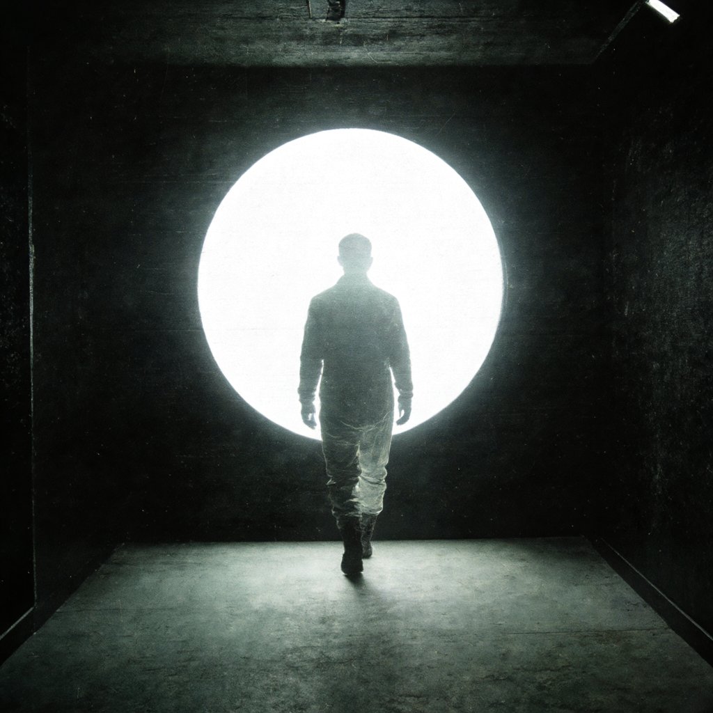 Illustration of a translucent figure stepping through a glowing circular aperture in a dark laboratory corridor