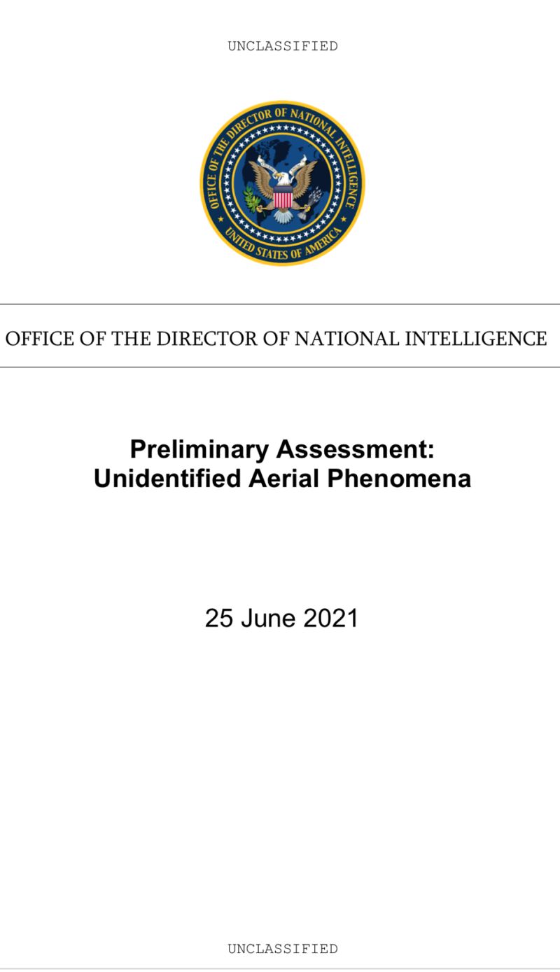 Cover of the Office of the Director of National Intelligence's Preliminary Assessment on Unidentified Aerial Phenomena