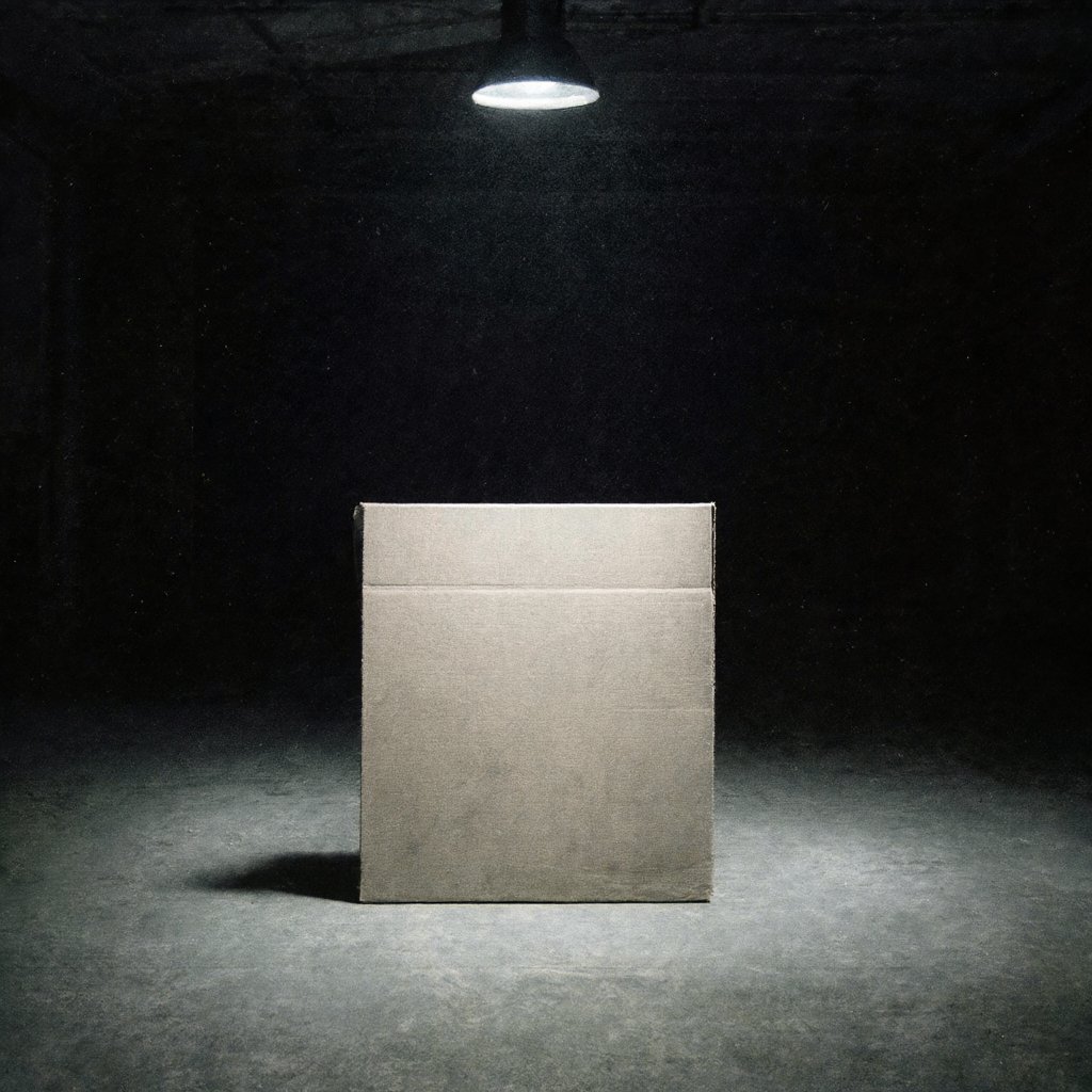 Illustration of an open empty shipping box under a single warehouse light, a blank shipping label face down on the floor beside it