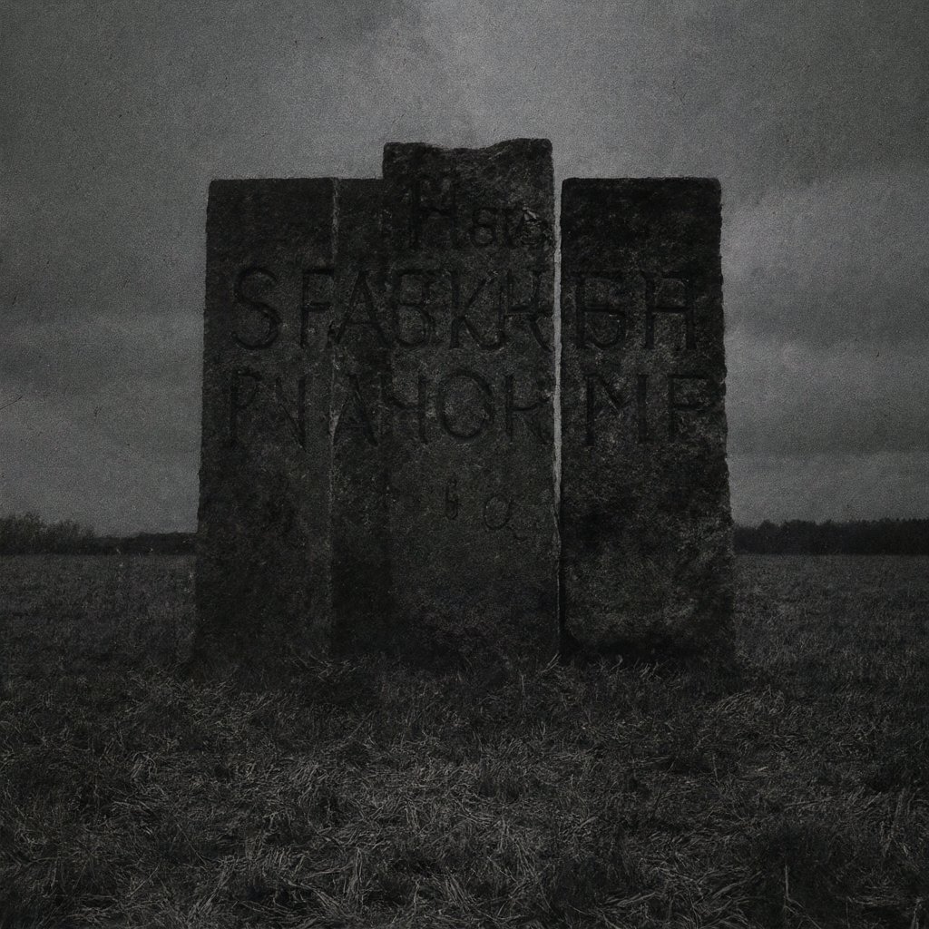 Illustration of tall granite slabs standing in a grass field under a heavy gray sky, deserted, no people