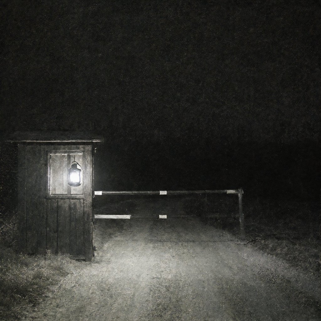 Illustration of a dim rural border checkpoint at night, a single lantern lit inside a wooden guard post