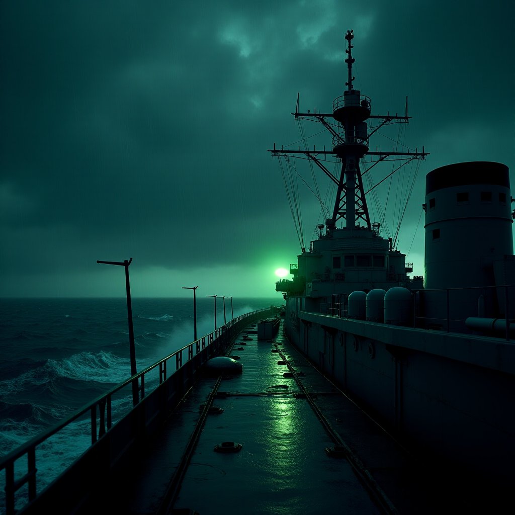 Illustration of a destroyer firing into a dark stormy sea with radar screens glowing on the bridge