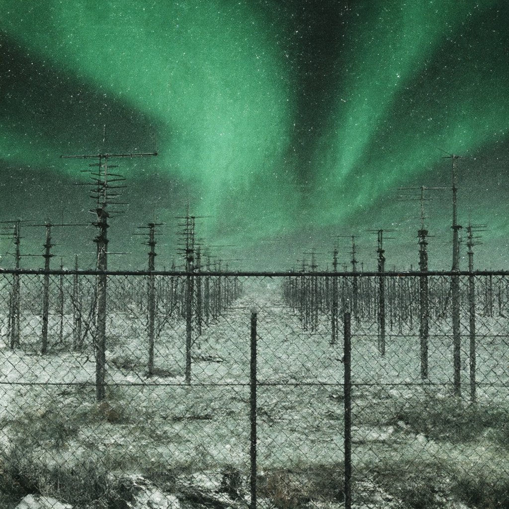 Illustration of a vast field of steel antenna masts under a green aurora at night, deserted, no people