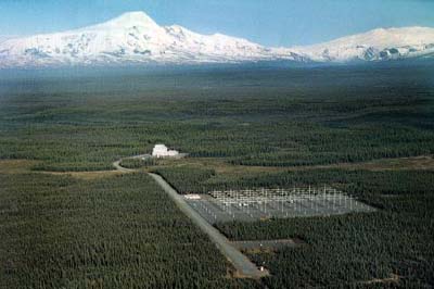 The HAARP antenna field at Gakona, Alaska, the 180-element array used to heat a patch of the ionosphere for research
