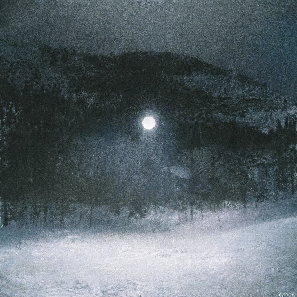 Illustration of a snowy Norwegian valley at night with a glowing orb hanging above the treeline and dark mountains behind, deserted, no people