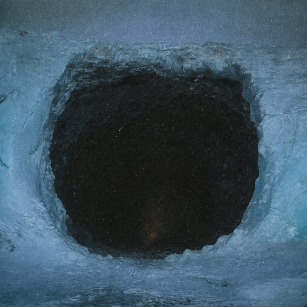 Illustration of a vast cavern opening at the edge of polar ice under a dim twilight glow