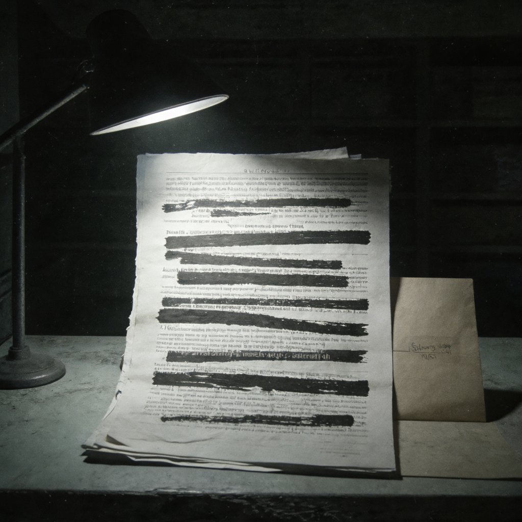 Illustration of a redacted government document under a desk lamp in a dim records room