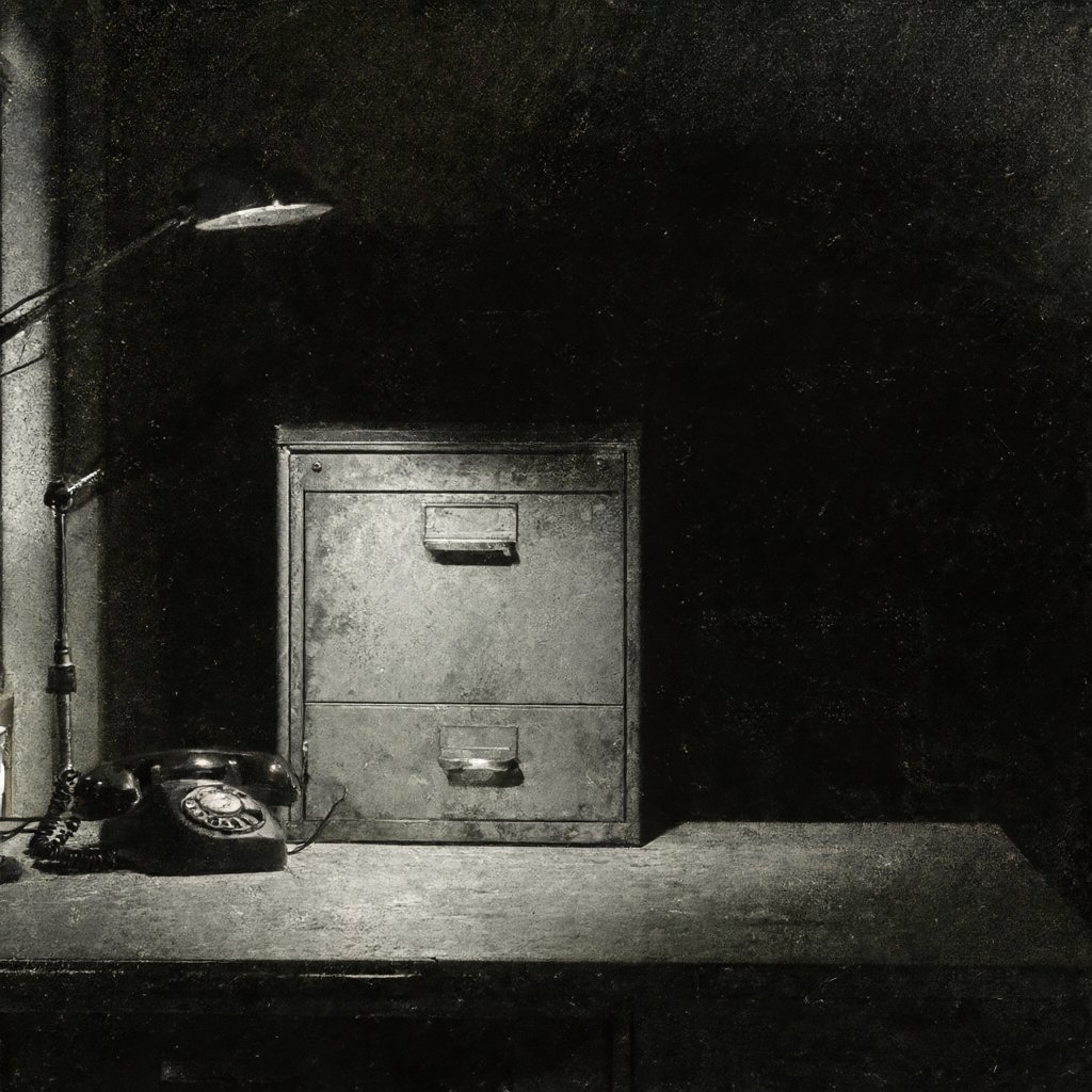 Illustration of a dim intelligence office with a single closed filing cabinet under a desk lamp