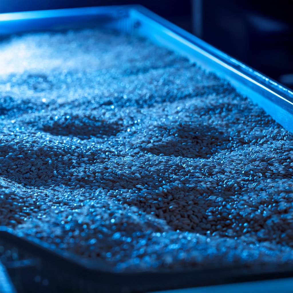 Illustration of frost-covered wheat seeds on a dark laboratory tray under cold light, no people
