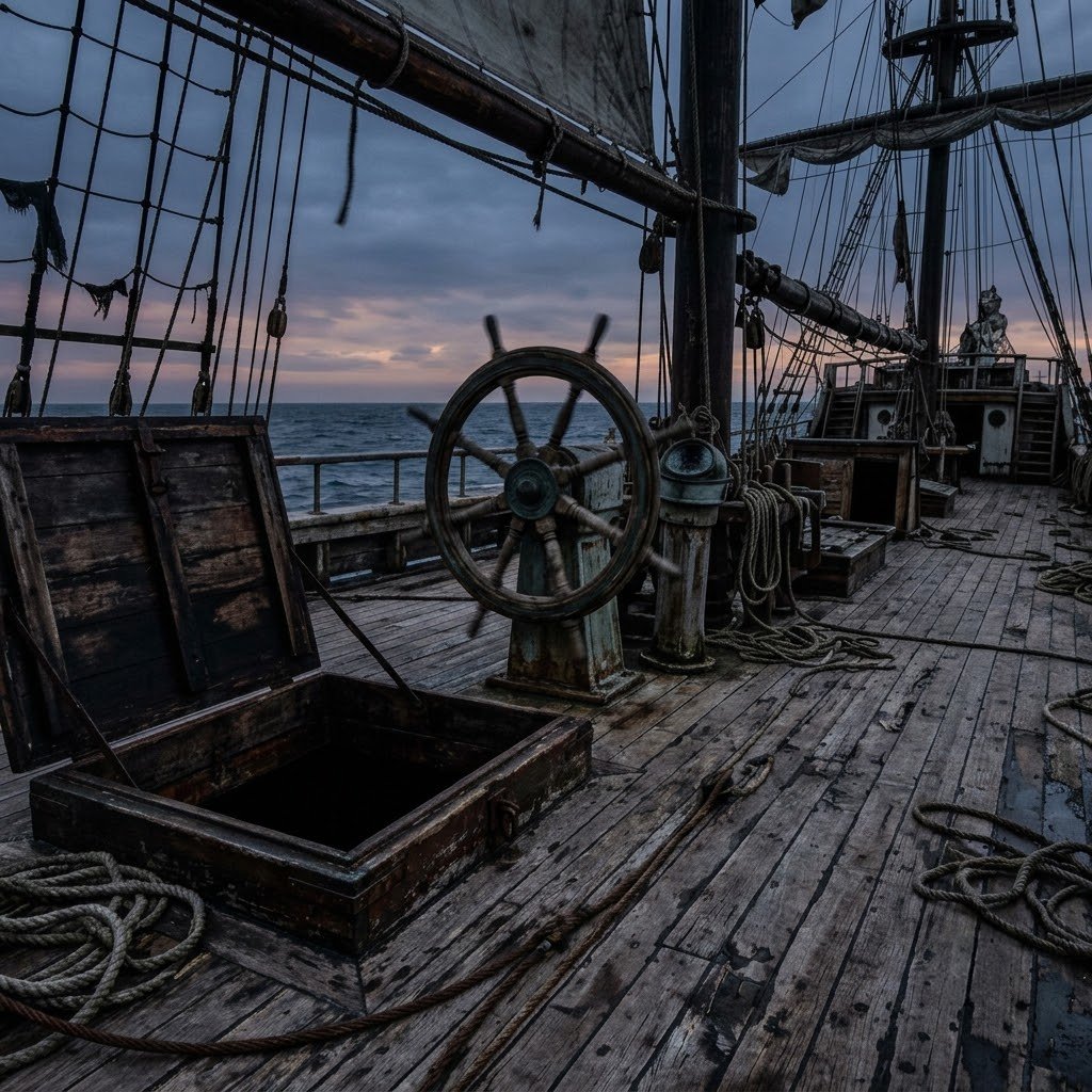 Illustration of an empty ship's deck at dusk with an abandoned wheel and an open hatch, no crew in sight