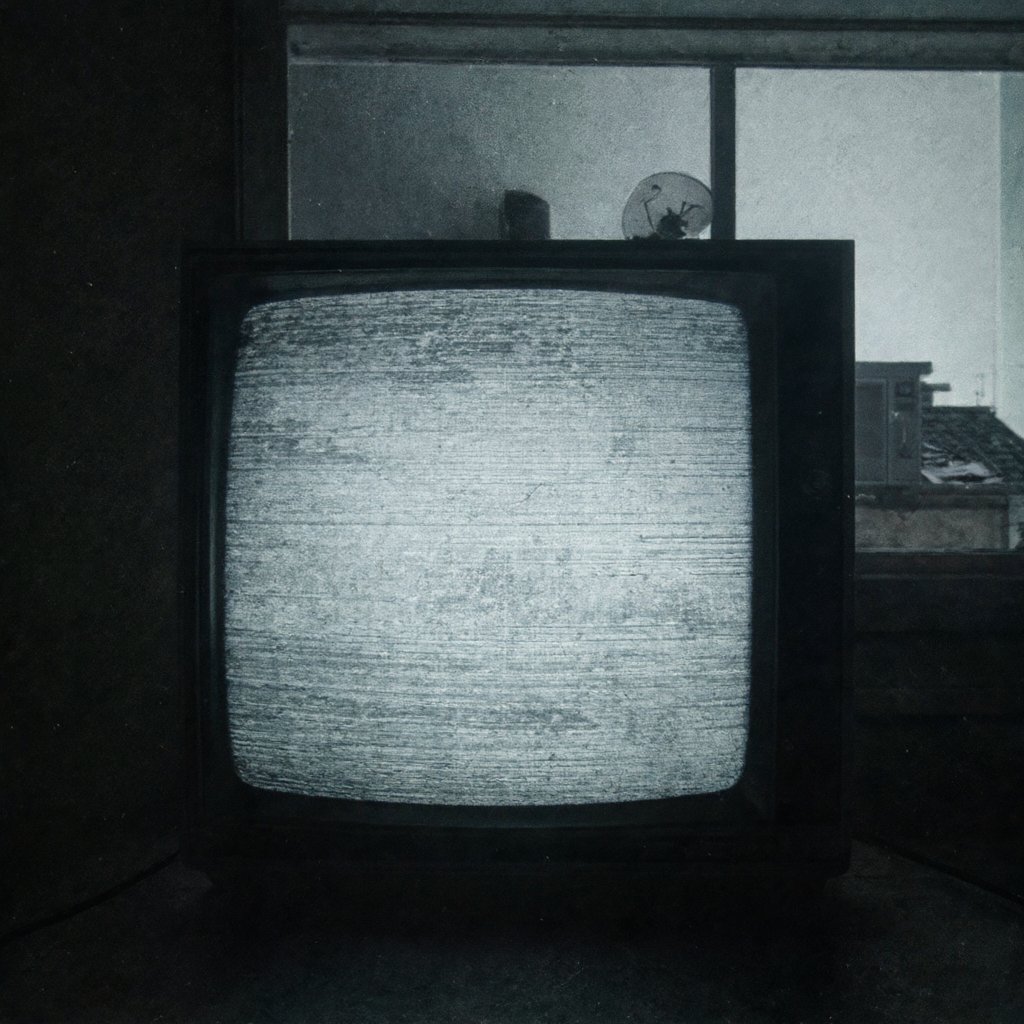 Illustration of an old television set glowing with static in a dark room, a microwave dish visible through the window behind it, deserted, no people