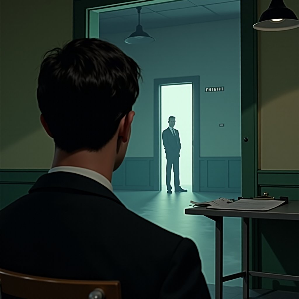 Illustration of a dim observation room with one-way glass and a single chair under a lamp