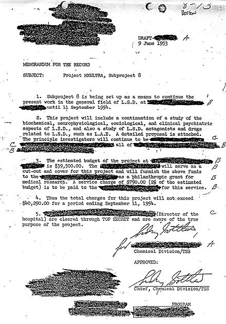 Sidney Gottlieb's 1953 memo approving an MKUltra subproject on LSD, declassified by the CIA
