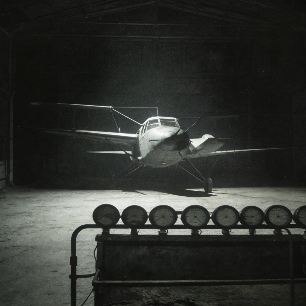 Illustration of a dim aircraft hangar with a single spotlighted crop-duster-style plane and simple unlit instrument gauges, deserted, no people