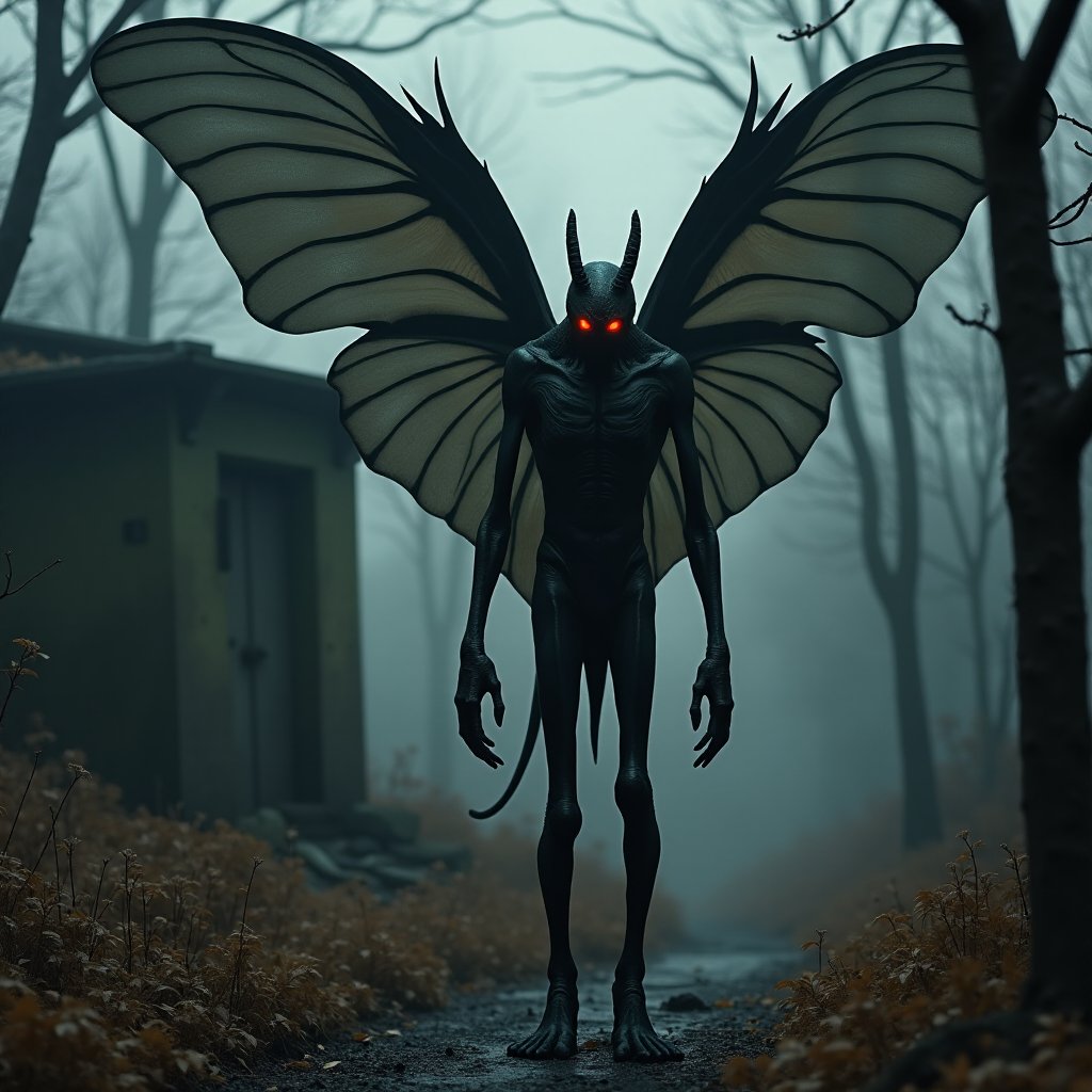 Illustration of a tall winged figure with glowing red eyes standing among dark trees near an old concrete bunker