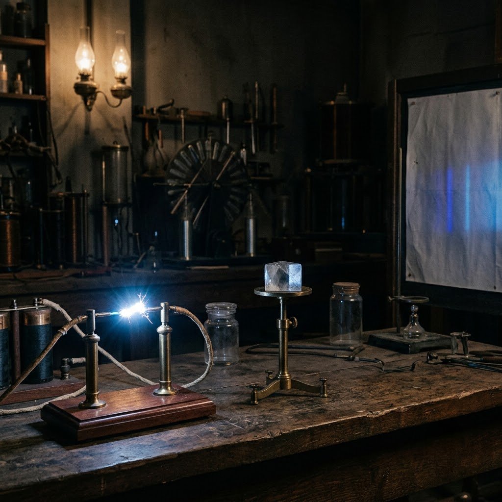 Illustration of a darkened laboratory with a glowing spark and a prism casting faint blue bands on a screen