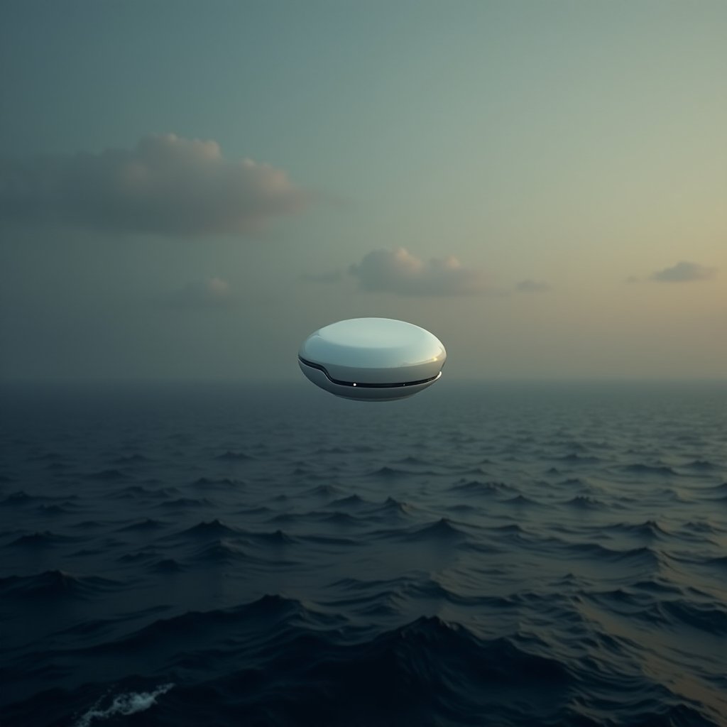 Illustration of a smooth white oval craft hovering above a dark ocean with a naval jet in the distance