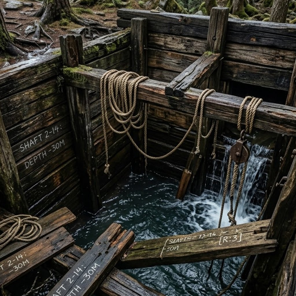 Illustration of a deep timber-lined shaft on a wooded island flooding with dark water, no people