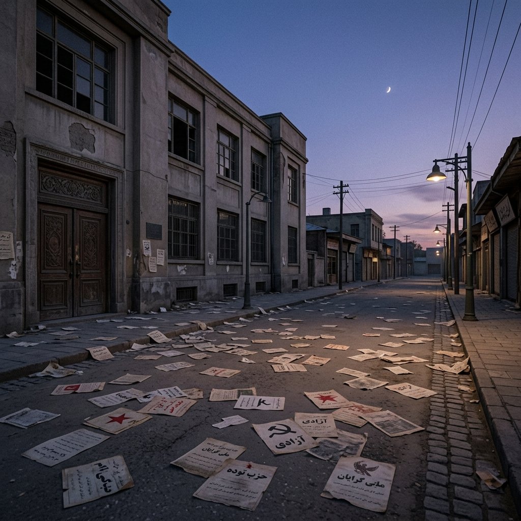 Illustration of a 1950s Tehran street at dusk with scattered leaflets and an empty government building, no people