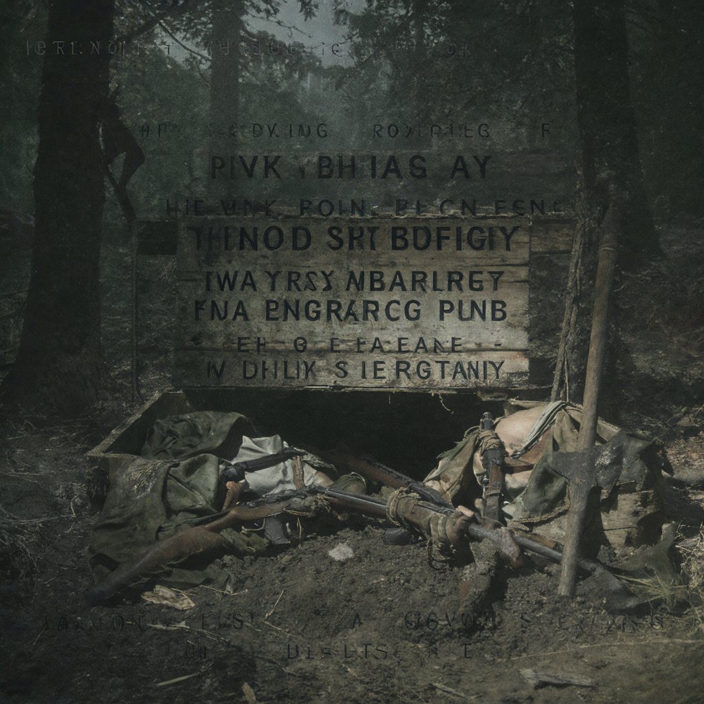 Illustration of an opened buried arms cache in a forest clearing, crates and oilcloth-wrapped weapons in the dirt, deserted, no people