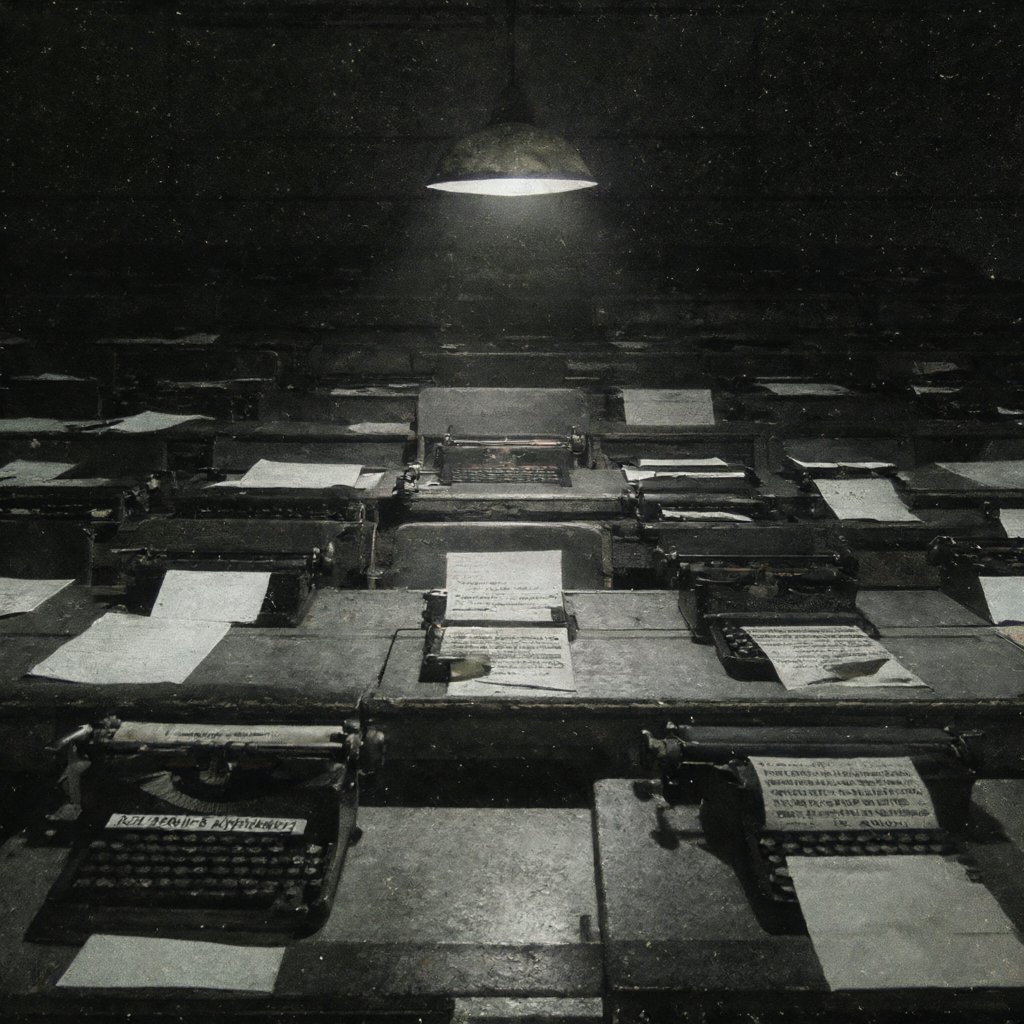 Illustration of a newsroom at night, empty desks and dark typewriters under a single hanging lamp, deserted, no people