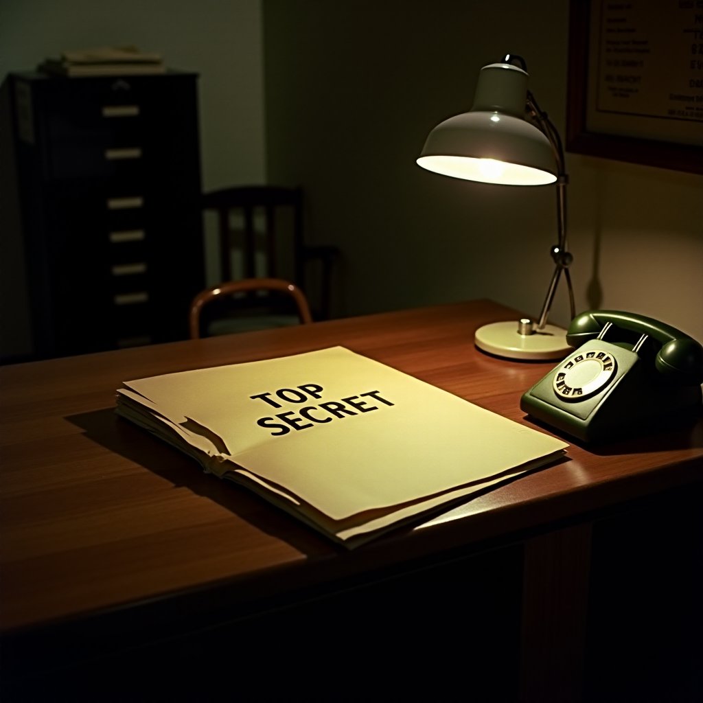Illustration of a stamped TOP SECRET folder under a desk lamp in a dim 1960s office