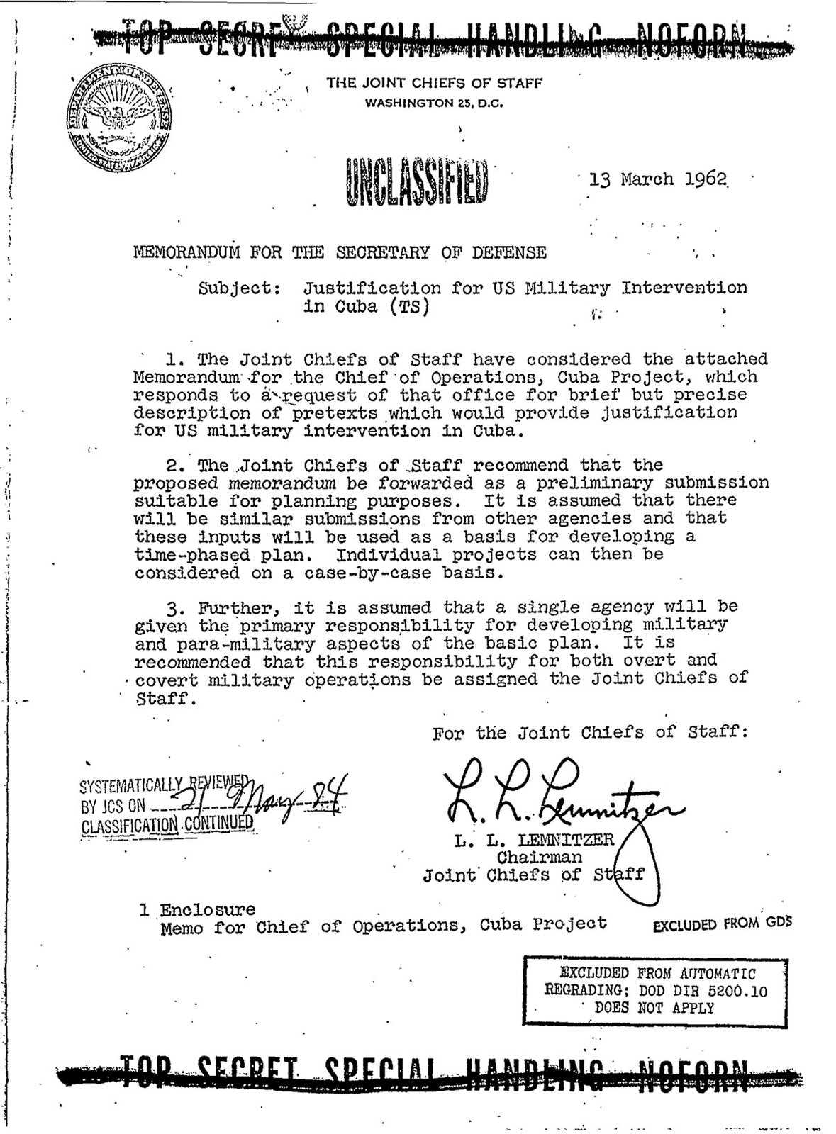 The first page of the declassified 1962 Operation Northwoods memorandum
