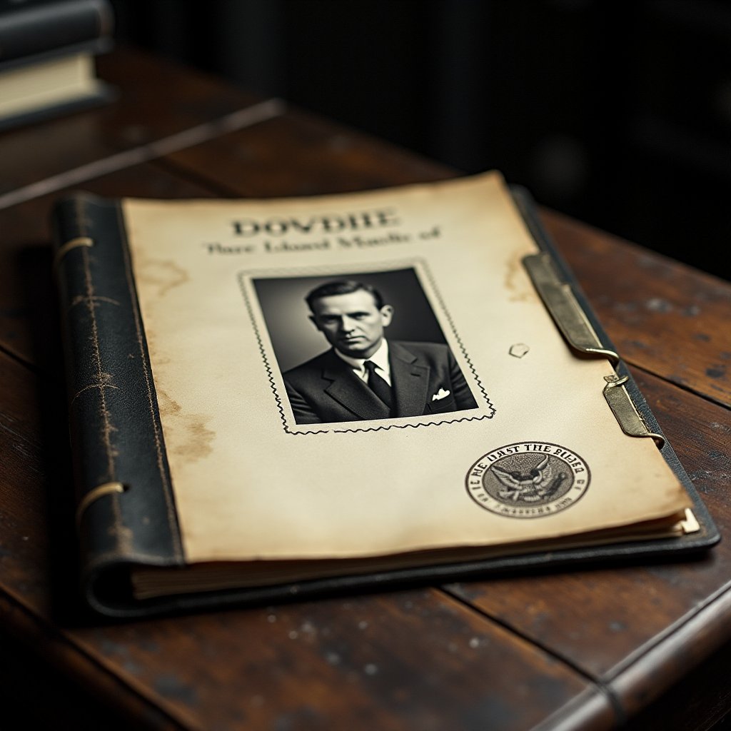 Illustration of a stamped intelligence dossier with a redacted photograph and an eagle seal on a dark desk