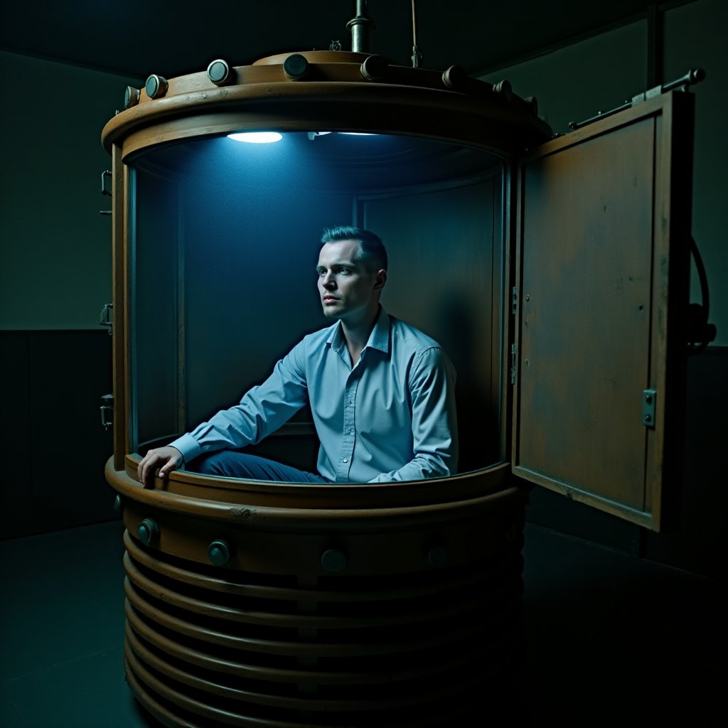 Illustration of a man seated inside a glowing layered box in a dim laboratory, faint blue energy around it