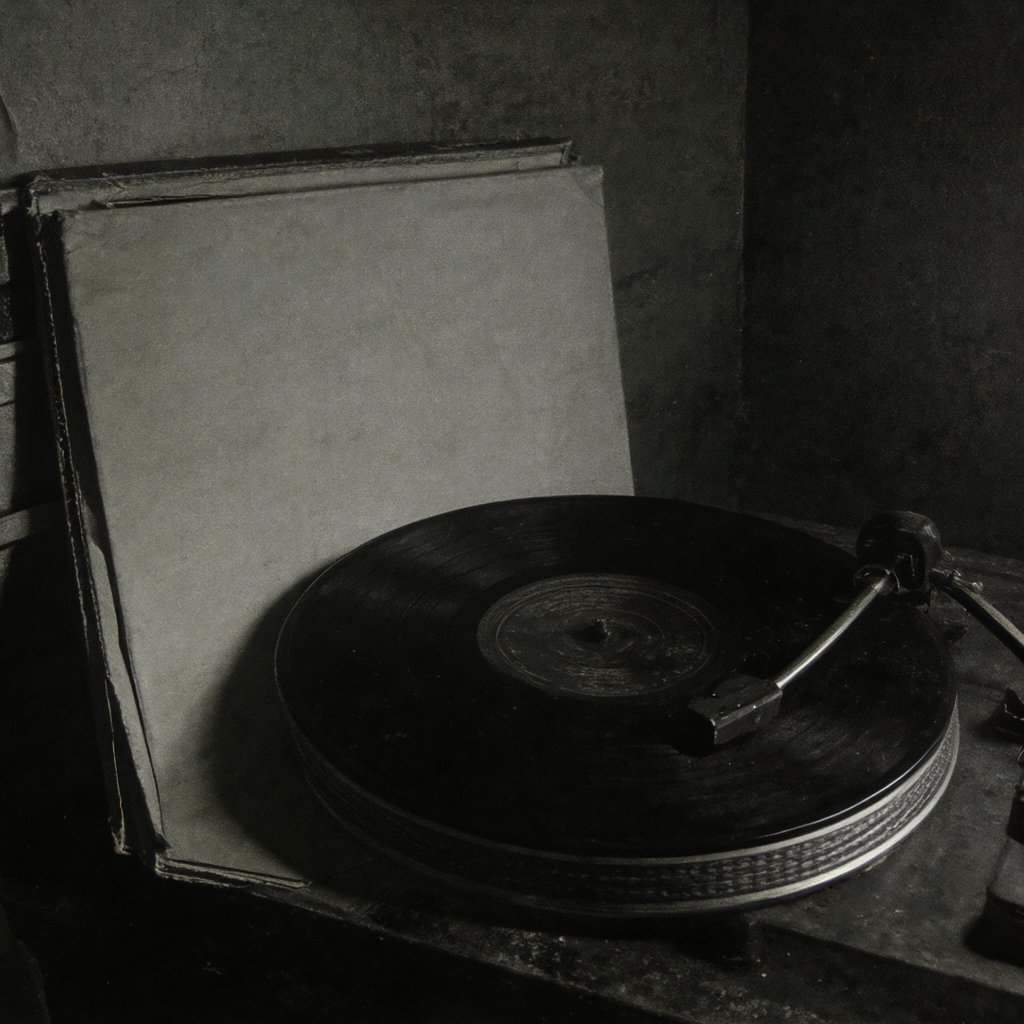 Illustration of a vinyl record spinning backwards on a turntable in a dim room beside a stack of album sleeves, deserted, no people