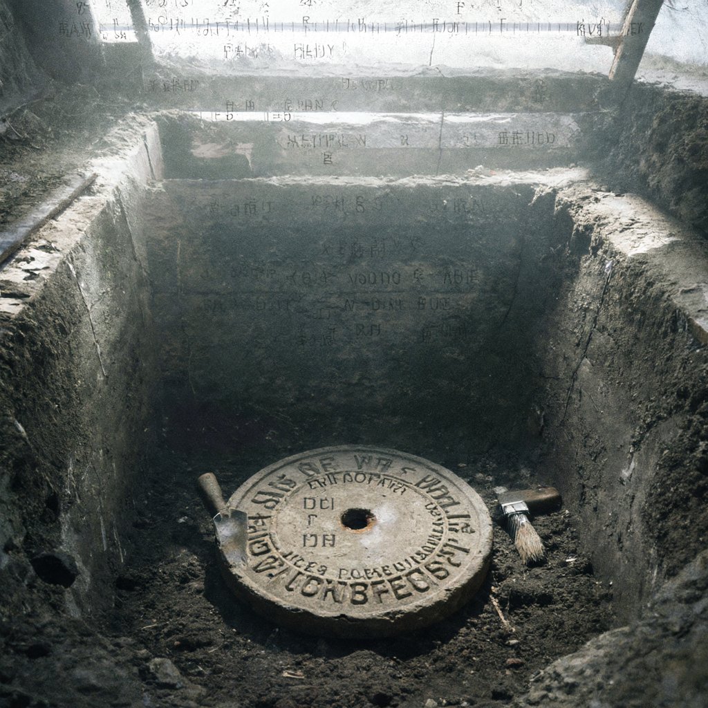 Illustration of a stamped clay disc lying on dark earth in a lamplit excavation trench, deserted, no people
